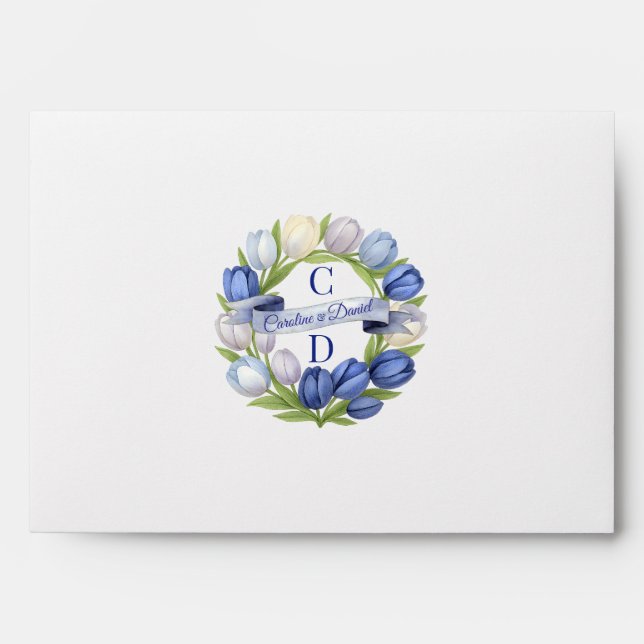 Enveloppe Elégante aquarelle Tulipe Mariage de couronne bleu (Devant)