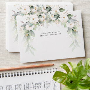 Enveloppe Elégante aquarelle verdure blanc fleurs