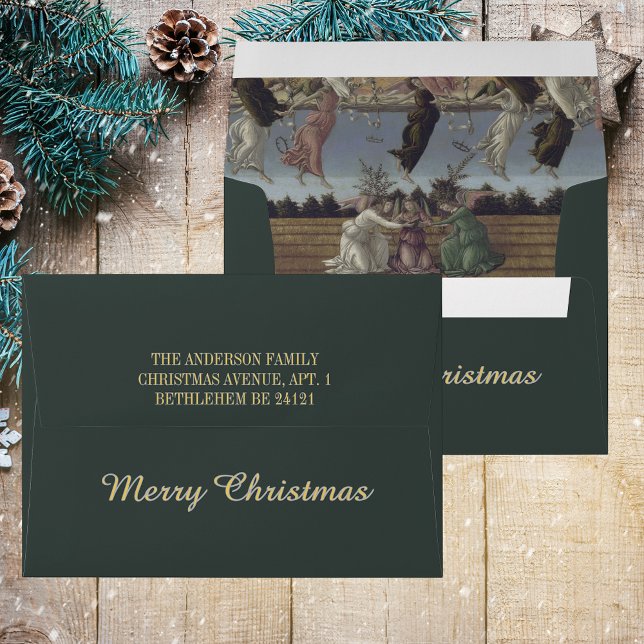 Enveloppe Élégante Botticelli Noël chrétien (Elegant Green Grey Gold Botticelli Christian Christmas Catholic Holiday Card Envelope)