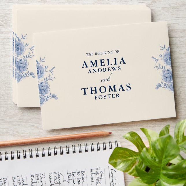 Enveloppe Elégante crème classique et Mariage Floral bleu fr (Stacked)