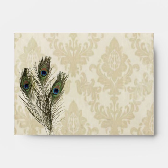 Enveloppe élégante crème vintage damask mariage de paon (Devant)