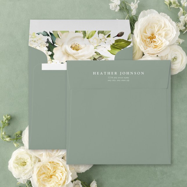 Enveloppe Elégante Fête des mariées couleur vert gris blanc (Create an elegant invitation set with these beautiful return address square envelopes)
