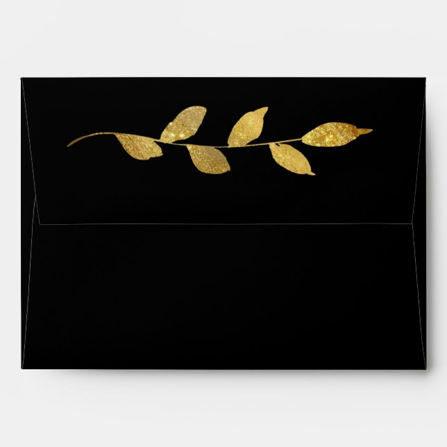 Enveloppe Elégante feuille d'or noir moderne Mariage chic (Dos (Haut rabat))
