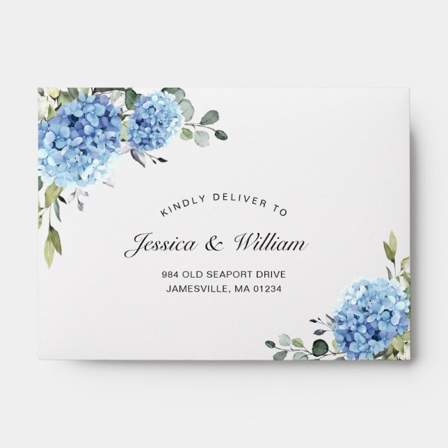 Enveloppe Elégante Hydrangée Bleue Eucalyptus pour RSVP (Devant)