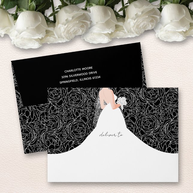 Enveloppe Élégante mariée sur Fête des mariées noire (Elegant bride on white rose sketch pattern bridal shower black envelopes, FREE return address)