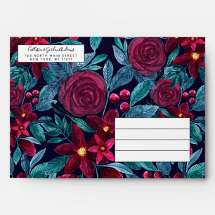 Enveloppe Elégante marine Bourgogne Noël Floral Aquarelle