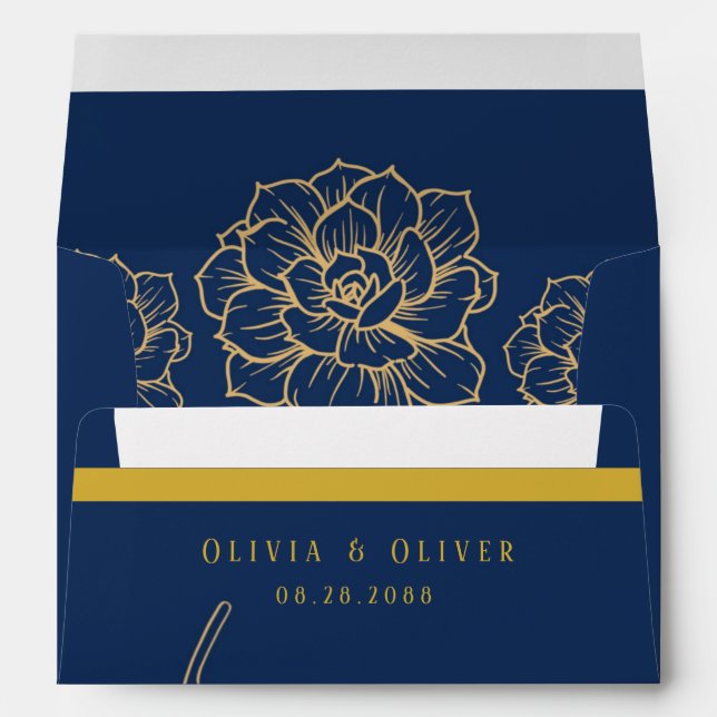 Enveloppe Elégante Marine Et Flore D'Or Mariage Personnalisé (Dos (Bas))