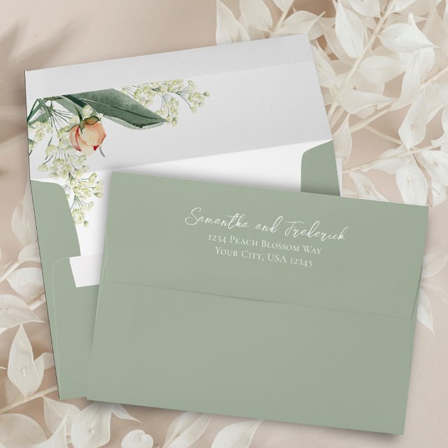 Enveloppe Elégante Pêche Verte Florale Personnalisé Mariage (Peach and green floral custom envelope.)