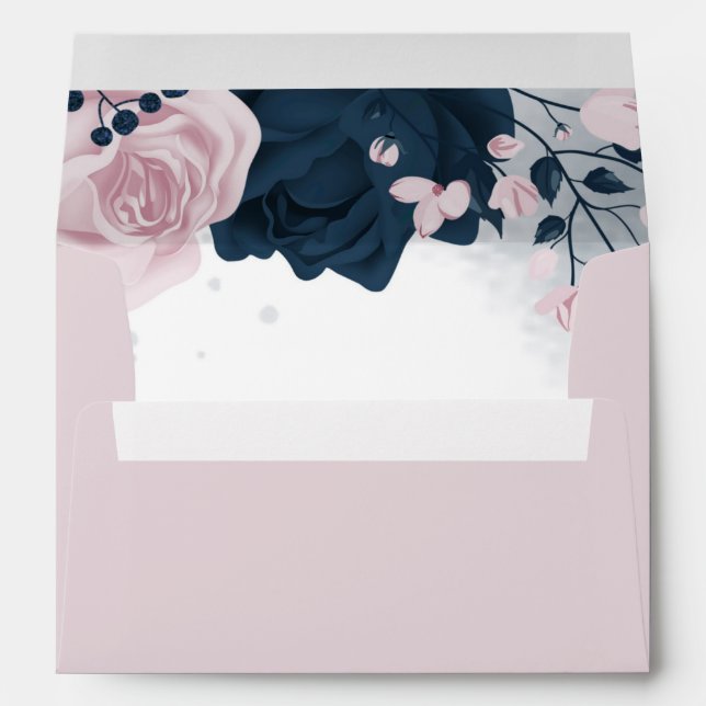 Enveloppe élégante rose & fleurs navales doux rose mariage (Dos (Bas))