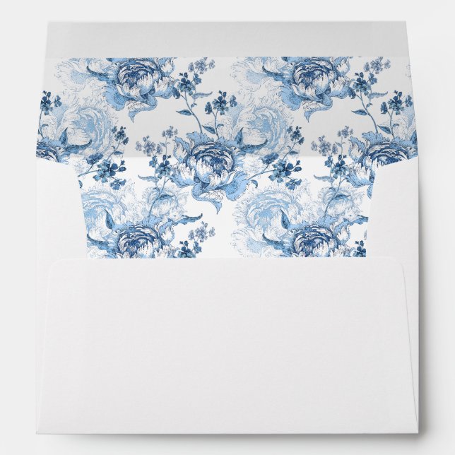 Enveloppe Élégantes pivoines gravées en bleu et blanc (Dos (Bas))