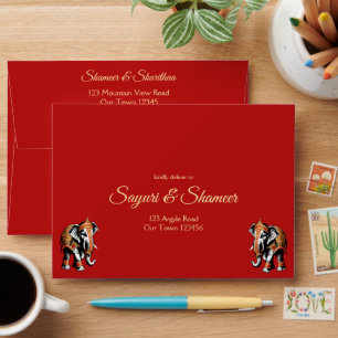 Enveloppe Éléphants rouges et dorés mariage indien assortis