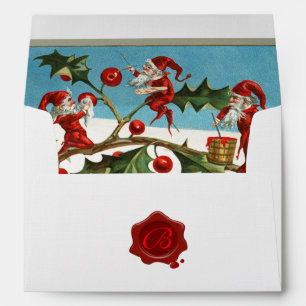 Enveloppe ELVES ROUGES DE NOËL, HOLLYBERRIES Monogramme cire