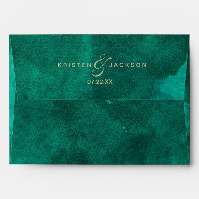 Enveloppe Emerald Green Aquarelle & Mariage Or Monogramme (Dos (Haut rabat))