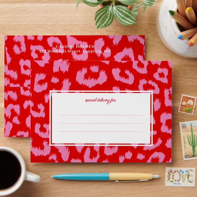 Enveloppe Empreinte de léopard en gras rouge et rose (Desk)