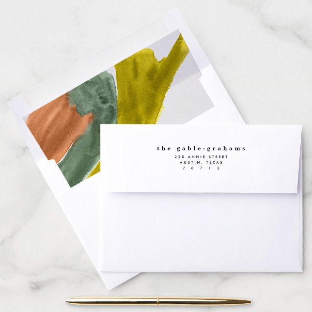 Enveloppe en aquarelle ton de la Terre (Warm, earth toned watercolor lined return address envelope.)