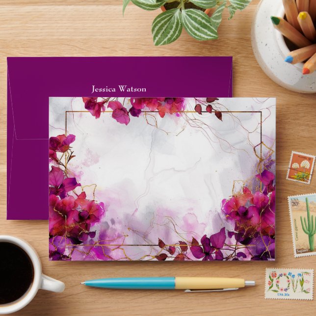 Enveloppe Enchantement Fuchsia violet profond : Aquarelle (Desk)
