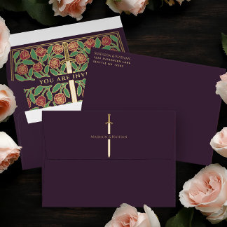 Enveloppe Épée florale médiévale royale en or pour mariage d