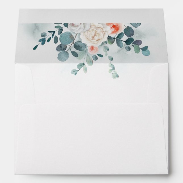 Enveloppe Eucalyptus aquarelle et Fleurs blanches et bleues (Dos (Bas))
