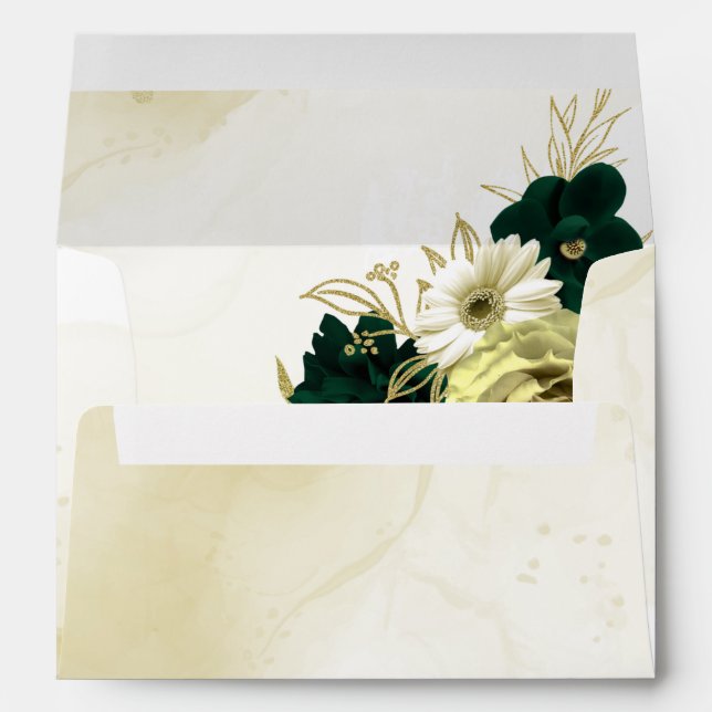 Enveloppe Extraordinaire vert émeraude fleurs d'or mariage (Dos (Bas))