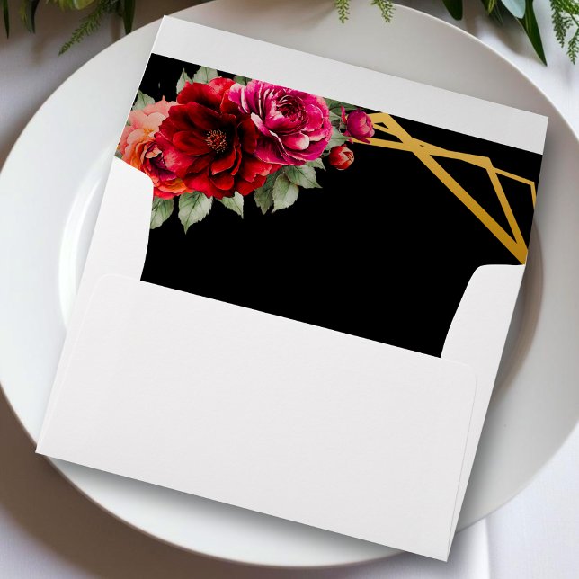 Enveloppe Faire-part de mariage à fleurs noir rouge chic (Créateur téléchargé)