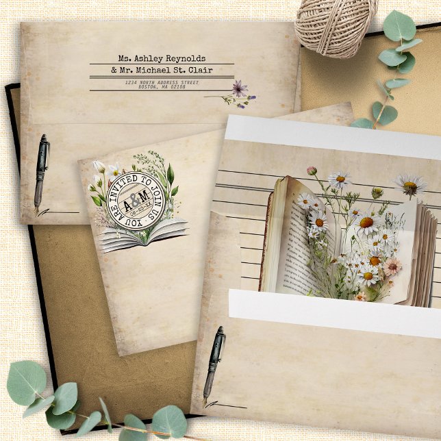 Enveloppe Faire-part de mariage Cartes de bibliothèque vinta (Vintage library card  watercolor floral book return addressed monogram wedding invitation envelope)
