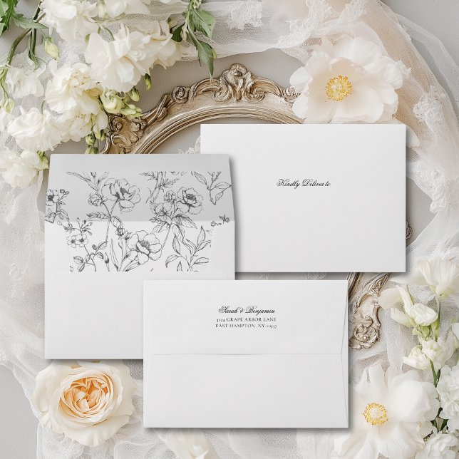 Enveloppe Faire-part de mariage de script simple et élégant (This elegant 5x7 inch envelope features a liner with line drawings of delicate flowers.)