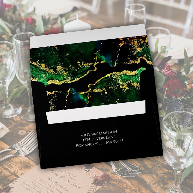 Enveloppe Faire-part de mariage d'or en bronze vert noir (Black Green Bronze Gold Wedding Invitation Envelope)