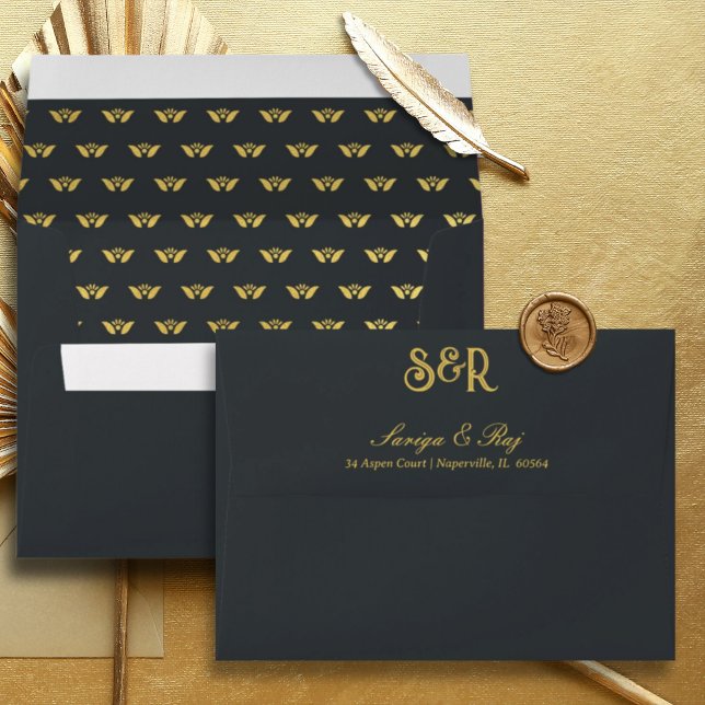 Enveloppe Faire-part de mariage dorée à fils lotus (Indian wedding invitation envelope, hindu wedding invitation envelope, lotus flower lined envelope)