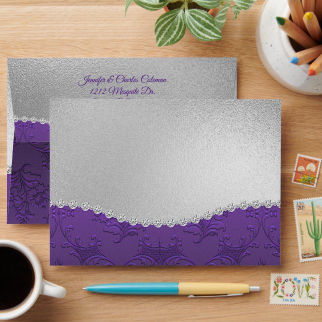 Enveloppe Fancy Purple Damask Argent et diamants (Desk)