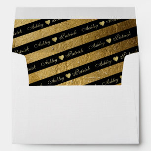Enveloppe faux or & noir, rayures & coeurs d'amour, mariage