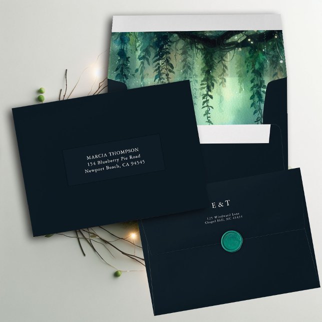 Enveloppe Fées de forêt enchantées Jardin Monogrammes Mariag (enchanted forest gold vines wedding envelope wax seal magical fairy garden gold emerald elegant chic)
