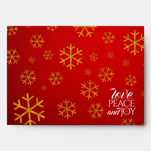 Enveloppe Festive Red Love, Peace and Joy with Snowflakes (Devant)