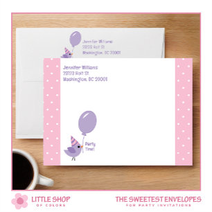 Enveloppe Fête d'anniversaire de fille aux pois roses et ois