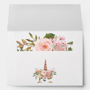 Enveloppe Fête de naissance Licorne Fleurie Rose et Or