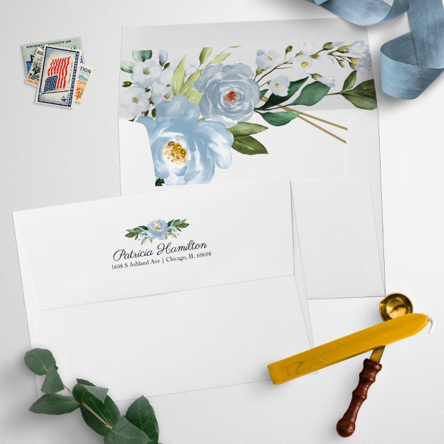 Enveloppe Fête des mariées géométrique bleu-bleu floral (Créateur téléchargé)