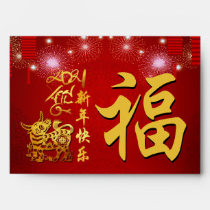 Enveloppe Feu d'artifice de lanternes chinoises Ox Year 2021