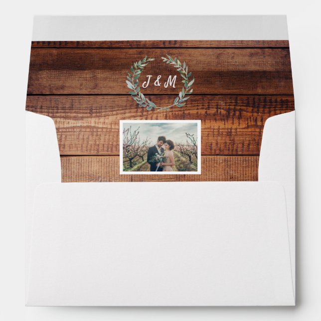 Enveloppe Feuille d'aquarelle rustique photo bois monogramme (Dos (Bas))