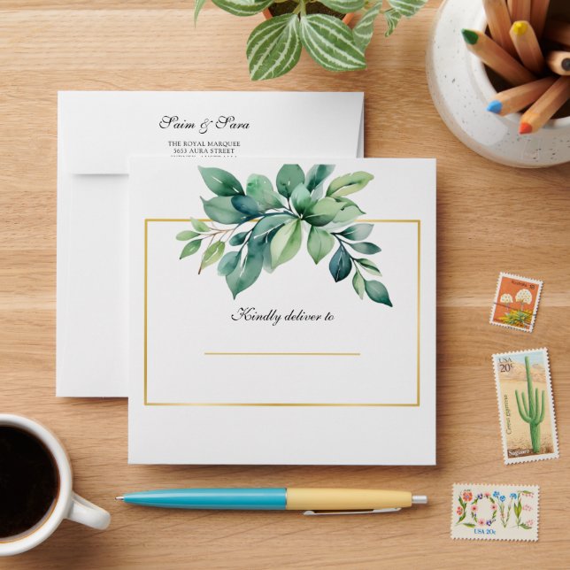 Enveloppe Feuille Eucalyptus moderne code QR Mariage musulma (Desk)