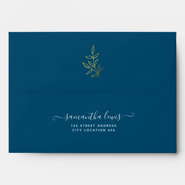 Enveloppe Feuille or simple Ocean Blue Mariage (Dos (Haut rabat))