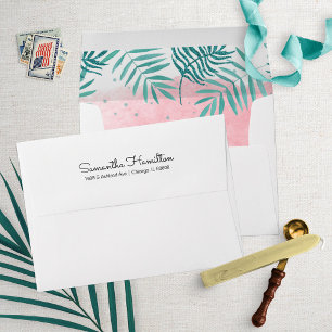 Enveloppe Feuilles de palmier tropical rose et sarcelle aqua