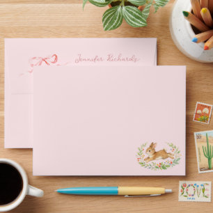 Enveloppe Fille lapin aux fleurs rose bébé arrivee