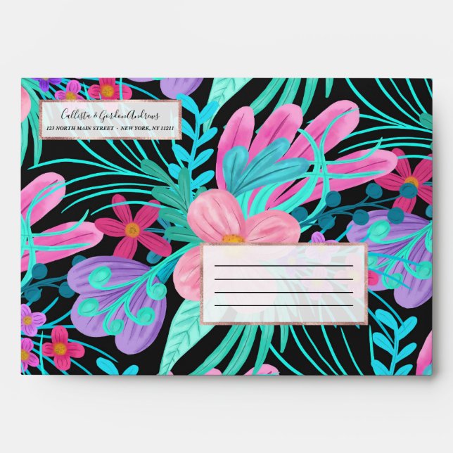 Enveloppe Fille rose violet Turquoise Aquarelle Fleurs Feuil (Devant)