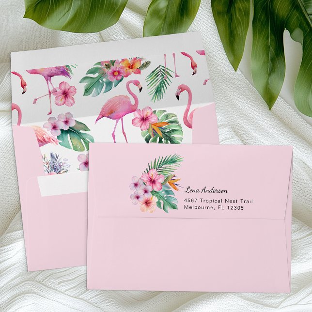 Enveloppe Flamant rose rose avec doublure tropical (Flamingo Tropical Baby Shower Envelope)