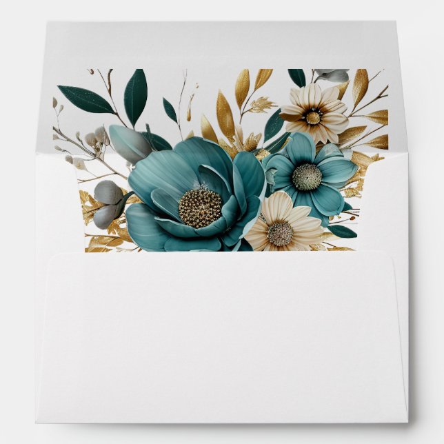 Enveloppe Fleur blanche Turquoise Feuille d'or élégant (Dos (Bas))