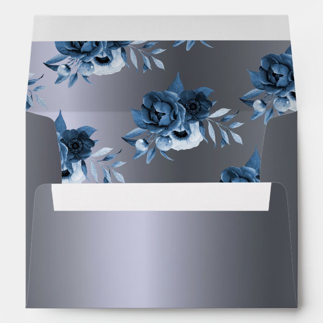 Enveloppe Fleur bleu métallique argent glam mariage d'hiver (Dos (Bas))