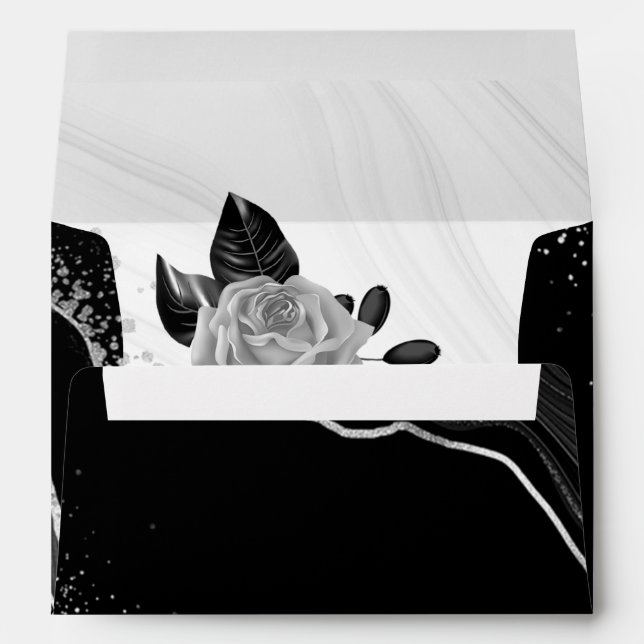 Enveloppe fleur d'argent et marbre feuille noir mariage (Dos (Bas))