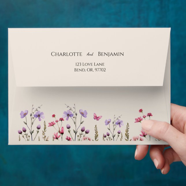 Enveloppe Fleur sauvage moderne Mariage beige (Hand)