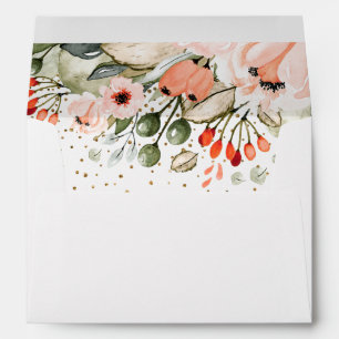 Enveloppe Fleurs aquarelles roses et confettis faux or