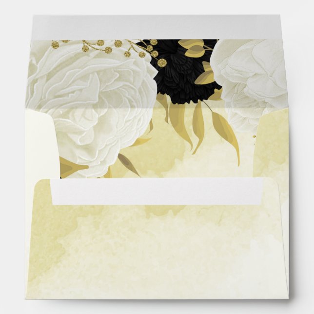 Enveloppe fleurs blanches noires or feuille mariage (Dos (Bas))