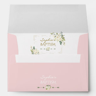Enveloppe Fleurs blanches Parties scintillant or Cadre Baptê